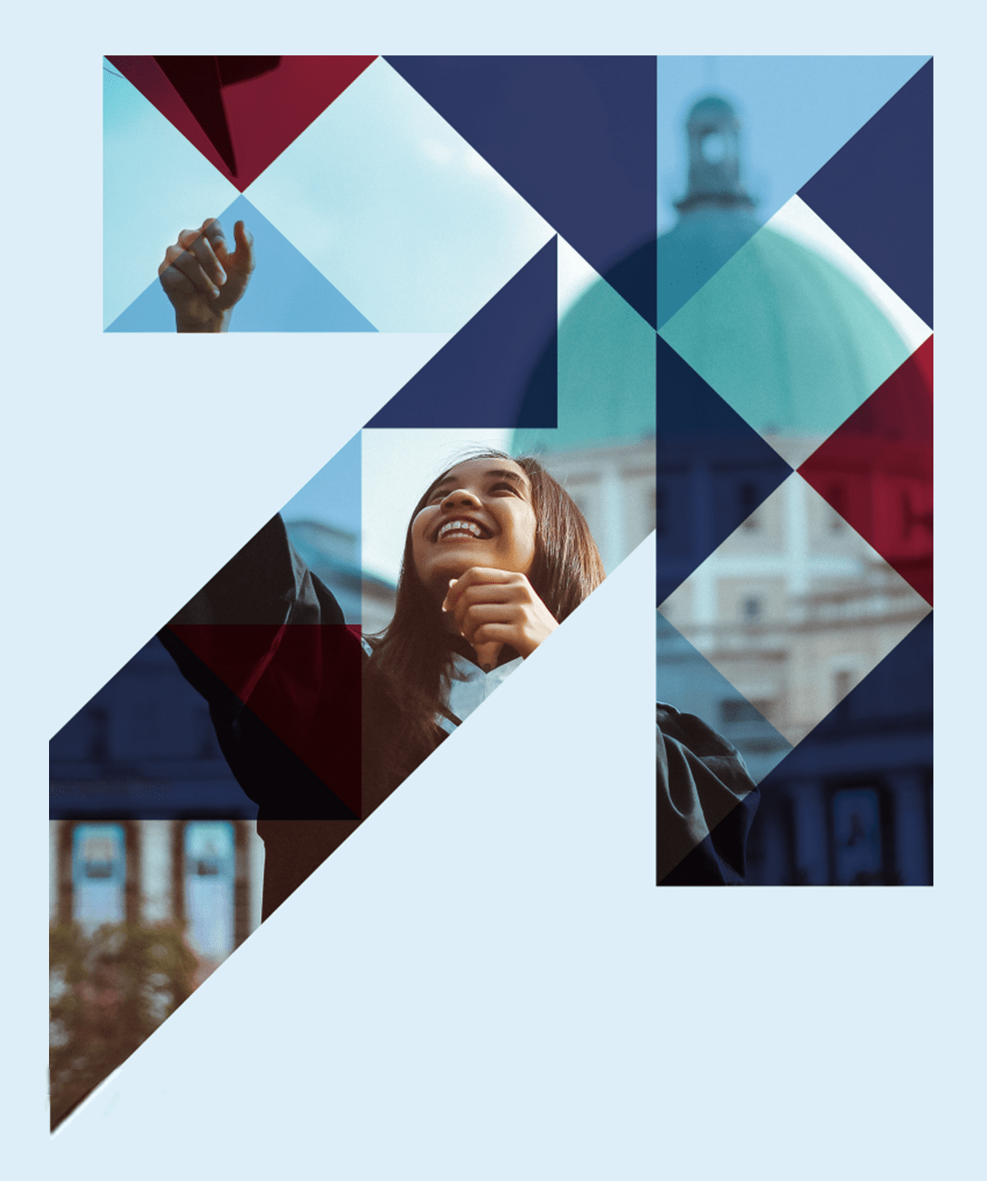 up arrow with happy college graduate tossing cap in the air